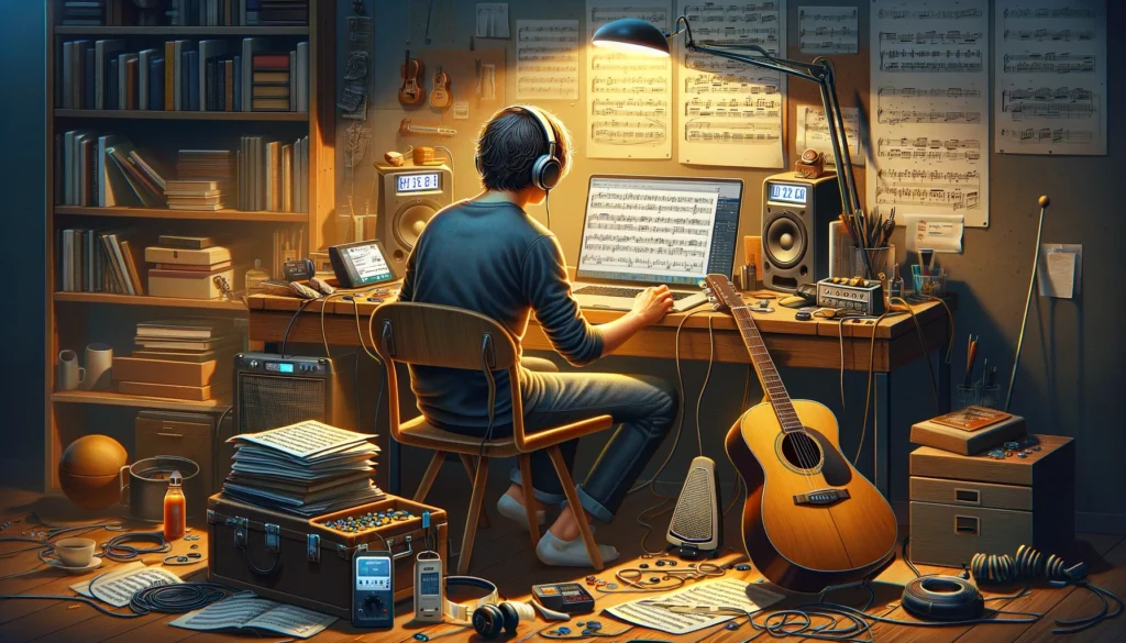 aulas de violão Um estudante avançado de violão mergulha nos estudos em casa, cercado por partituras, um tutorial de violão no laptop, afinador digital e palhetas, numa combinação inspiradora de ferramentas tradicionais e modernas para a maestria musical