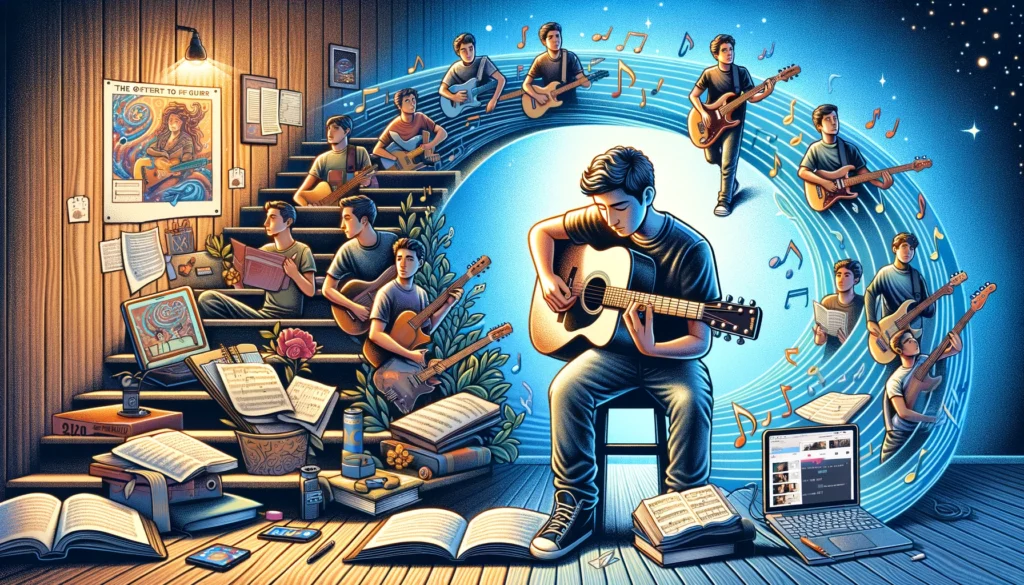 A jornada de aprender a tocar violão: do primeiro acorde à celebração da música com amigos e família. Esta ilustração captura a evolução de um aprendiz de violão, desde os primeiros dias de incerteza até a confiança e alegria de compartilhar sua música
