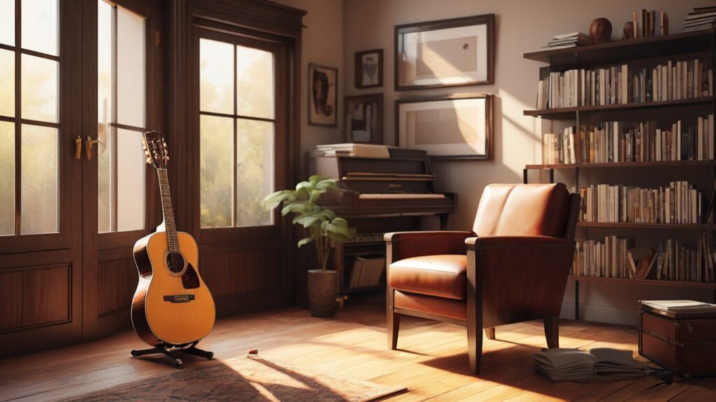 Uma sala particular de música, bem iluminada, com uma poltrona de coro e um violão em destaque. A luz entra por portas e janelas que têm vidros fumês, pelos quais é difícil, mas percebe-se que há muitas plantas do outro lado do vidro. ao fundo é possível ver um piano encostado na parede, e uma linda estante de livros atrás da poltrona.