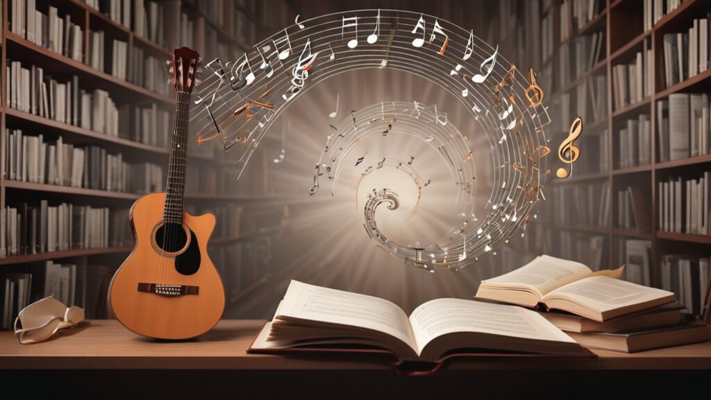 Ilustração em meio a uma infinidade de livros, do que parece ser uma grande biblioteca formando o fundo da imagem, no primeiro plano, uma mesa coom alguns livros, um violão e ao centro, o denenho no ar de uma partitura viva em caracol, como se o violão e os livros estivessem emanando aquela música.