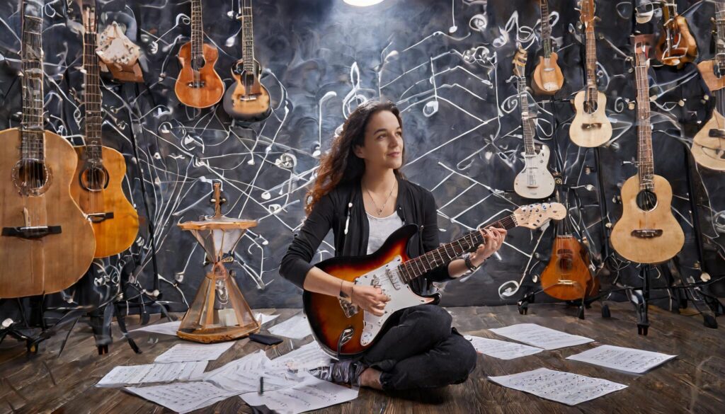 Guitarra Rock Academy: Em uma sala de paredes pretas, mas bem iluminada, com vários instrumentos espalhados pelas paredes, uma mulher branca, com cabelos pretos longos e encaracolados, sorrindo, está sentada nas próprias pernas, tocando uma guitarra elétrica de rock, rodeada por muitas partituras espalhadas pelo chão