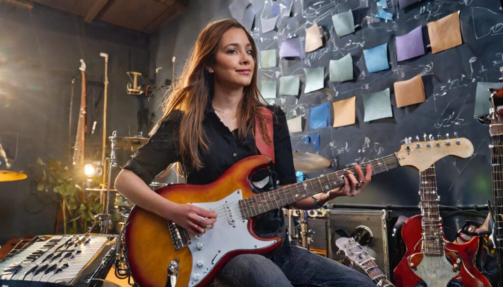 Guitarra Rock Academy: Em uma sala de paredes pretas, mas bem iluminada, com vários instrumentos espalhados pelas paredes, uma mulher branca, com cabelos loiros longos e lisos, sorrindo, está sentada em um banco ou cadeira não-identificável, tocando uma guitarra elétrica de rock branca e cor de madeira.