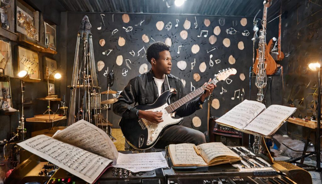 Guitarra Rock Academy: Em uma sala de paredes pretas, mas bem iluminada, com vários desenhos musicais nas paredes, um homem negro, com cabelos pretos curtos e encaracolados, quase sorrindo, está sentado em um banco ou cadeira não-identificável, tocando uma guitarra elétrica de rock preta e branca, rodeado por muitas partituras espalhadas em cima de aparelhos e suporte de partituras.